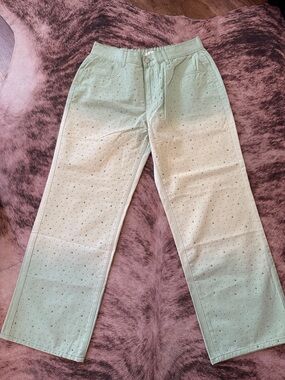 POL Mint Green Eyelet Straight Leg Jeans